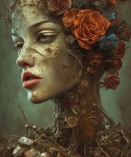 an abstract painting of rusted metal and flowers, portrait, rust, scaffolding, iron cladding, decay, mixed media, textured, anatomically correct, beautiful perfect face, sharp focus, highly detailed