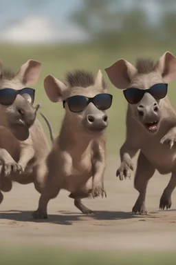 Close-up animation of a mischievous group of wild warthogs wearing sunglasses and attempting to breakdance in a comical fashion.