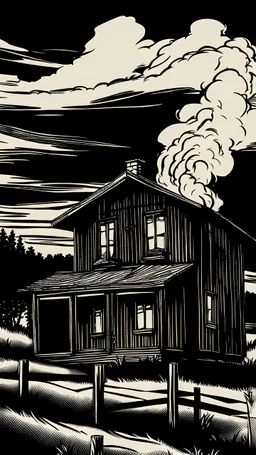 noir, atmospheric, shadows, cinematic, Black and white drawing, A wooden house on fire in the countryside, a view from afar, somber tones, high quality, suspenseful, menacing.