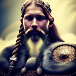 Viking theme, a younger woman sitting next to a 50-year-old man, portrait, 8K, close-up face, anatomically perfect face, Highly detailed stunning full frame portrait, misty and cloudy atmosphere