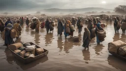 Climate emergency. A crowd of climate refugees carrying their belongings, trudging through a flooded area or a desolate, dry landscape. Faces show exhaustion and despair as they seek refuge from their devastated homes. Beautiful award-winning photograph, shocking, rule of thirds, balanced delightful composition, perfect lighting, superb detail, 16k render