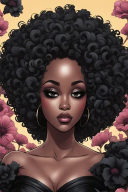 Create an comic drawing image of a curvy size black female wearing a black off the shoulder blouse and she is looking down with Prominent makeup. Highly detailed tightly curly black afro. Background of large black flowers surrounding her