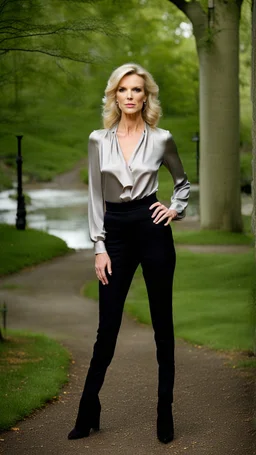 photography of a beautiful anorexic woman, silver satin blouse, megyn kelly show, black leggins