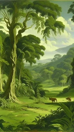 A green grassland near a jungle painted by Michelangelo di Lodovico Buonarroti Simoni
