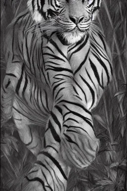 Rainforest, tall hybrid human tiger walking, frontal, model style, hyper realistic, accurate, delicate, extremely detailed, Graphic novel style, wide-angle, front view, open aperture, superfine pencil