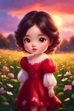 Digital painting of a cute little girl in a gorgeous red puffy sleeve dress, front view, cute chibi face, dark hair, glowing eyes, rosy cheeks, red lips, sunset, back light, clover field in the background, Disney art, digital painting style, High Quality, 4k