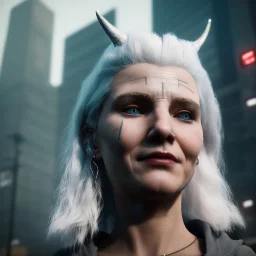 A medium-close-up shot of a white-haired tribal woman with horns standing on a sidewalk in a cyberpunk city. The woman only has one head, but also a gentle smile.