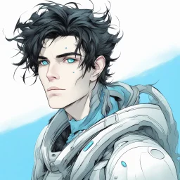 An handsome male alien with messy black hair and blue eyes