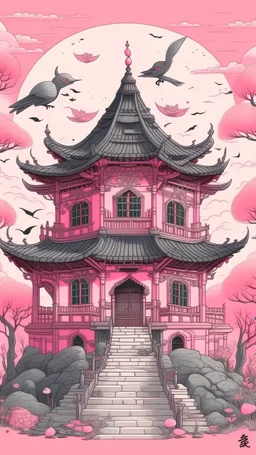 A light pink magical witch's house designed in Mayan architecture painted by Utagawa Hiroshige
