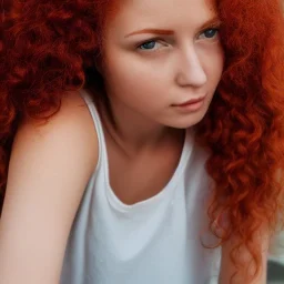 Woman with red curly hair and brown eyes