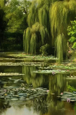 A beautiful classical painting of a cute pond with willows