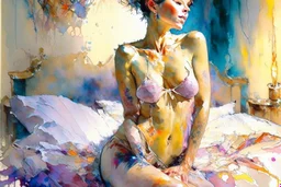 A full body hot pose of the gorgeous sexy modern woman with short cut hair, wearing sexy lingerie, grace making bed an explosion of colors 9/16 in candlelight intricate attractive crisp quality watercolor Jean-Baptiste Monge Pino Daeni Josephine Wall