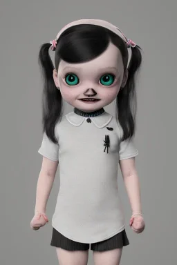 Wednesday Addams toddler, full body, jump, bokeh, hyper realistic