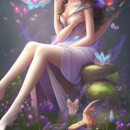 a gorgeous female wizard resting in a fantasy forest surrounded by butterflies