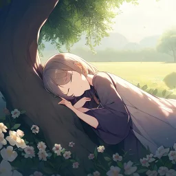 anime girl sleeping in a field of flowers, under a weeping willow tree