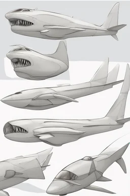 aeroplane inspired by shark with side view , quarter rear and front view