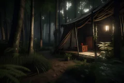 realistic, environment, bamboo forest, camp site, cozy, rendered in unreal engine, hyper realistic detail, dense, cozy, warm lighting, romantic, homey, video game