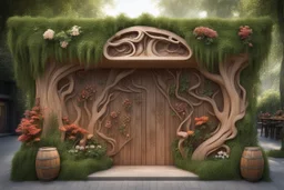 Декор и оформление: На фасаде можно разместить резные деревянные панели с изображениями сказочных персонажей: Бабы Яги, Лешего, Русалок и других. Используйте элементы флоры: плетёные лозы, деревянные бочки с цветами, кусты и деревья, чтобы создать ощущение, что кафе находится в самом центре леса. Ландшафтный дизайн: Вокруг кафе можно создать сказочный сад с аллеями, выложенными камнями, и фонтанами, где будут плавать уточки. Добавьте скамейки и столики из натурального дерева, окружённые цветам