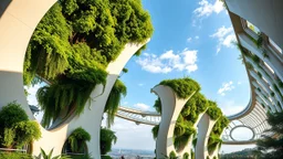 A series of arching, curved buildings with lush, hanging gardens integrated into their design. The buildings are made of a futuristic composite material that shimmers in the sunlight, with large, circular windows offering breathtaking views of the sky and greenery. Award-winning photograph, beautiful composition, exquisite detail and illumination