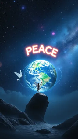 Prompt: "A serene, cosmic landscape with a floating Fairy contemplating a large, glowing word “ PEACE “ on Earth Globe in the sky, The cosmic backdrop hints at the bvastness of the mind cand the universe."