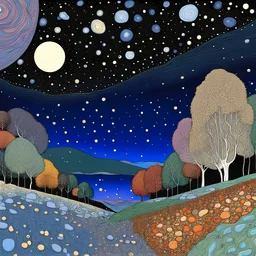 Colourful, peaceful, Gustav Klimt, night sky filled with galaxies and stars, rocks, trees, flowers, one-line drawing, sharp focus, 8k, deep 3d field, intricate, ornate
