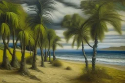 A gray beach with Hawaiian tikis and olive trees painted by Vincent van Gogh