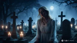 High-resolution, ultra-realistic, 4K cinematic image of a dimly lit villager cemetery at 3am. A blonde very sad woman dressed in white vintage Nightgown. With an expression of pain, closed eyes, crying, surrounded by tombstones and some dark tree, dark blue night with stars.