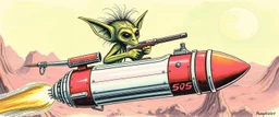 hairy macho gremlin aliens living in a hi tech marvellous hot dog rocket with a mounted sling shot, heading for venus, airbrush with pen outline