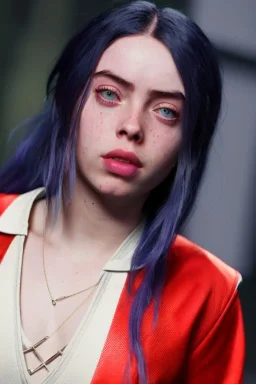 Billie Eilish, full body, on the bed, in my underwear, pale skin, high detail, realistic, 16k, not to be distinguished from a photo, identical pupils