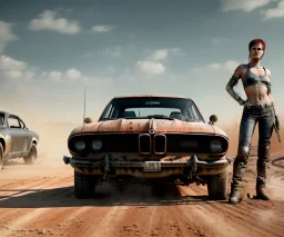 Realistic image. Mad max car. BMW 4 series, 2023 version. One woman standing in front of car. 4k resolution, intricate details, ornate details, soft lighting, vibrant colors, mad max background