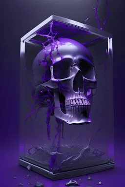 dark and shinny purple human skull and all vertebrae floating in a metal chamber