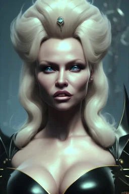 Pamela Anderson as evil queen in black leather, leather, busty, cleavage, angry, stern look. character design by cory loftis, fenghua zhong, ryohei hase, ismail inceoglu and ruan jia. unreal engine 5, artistic lighting, highly detailed, photorealistic, fantasy