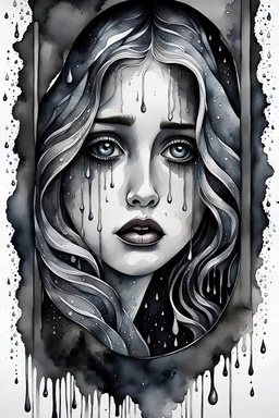 watercolor picture of a sad crying woman behind a window, pale skin, big dark eyes, silver tears, surreal chibi mood , swirling dark background, paint, black ink, watercolor , tears, pain, black, silver, grey colors , dark colors, wet on wet, dark shadows, surreal style, highly detailed, dramatic atmosphere, dark grey swirling background, high textures, around in background big tears, Dark and Moody Watercolor Art , Masterpiece, graffiti art, splash art, street art, spray paint