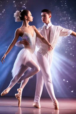 very beautiful a ballet male and female dancers couple in very pretty clothing dancing ,hyper realistic ,disco lightes,very luxury dance stage ,with nice light sources and devices in stage, close up