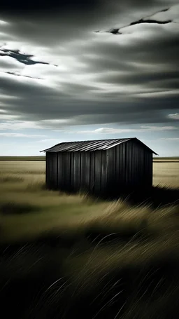 Imagine a solitary metal shed standing starkly against a vast, flat grass landscape, devoid of any signs of civilization. Explore the eerie quietude and the sharp contrast between the metallic structure and the untouched natural surroundings