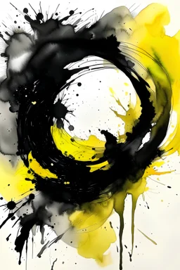 Insanity is the price of eternal vigilance; Abstract Art; Minimalism Black ink wash with a spattered arc made from yellow watercolor