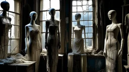 Antique mannequins in an abandoned shop, cracked porcelain faces with disturbingly human expressions, limbs in impossible positions, projected shadows forming silhouettes different from their poses, dust and cobwebs creating spectral veils, moonlight filtering through broken windows, gothic horror style