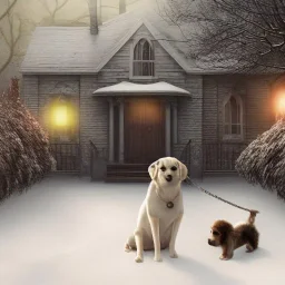 sad, scared, lonely dog tied with a short leash in front of house, winter, 8k resolution, high-quality, fine-detail, intricate, digital art, detailed matte, volumetric lighting, illustration, 3D octane render, brian froud, howard lyon, selina french, anna dittmann, annie stokes, lisa parker, greg rutowski