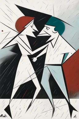 “The angry fighting couple” Pop surrealism painting in the Suprematism style interpreted by Picasso scribbles and markings artfully placed throughout the image