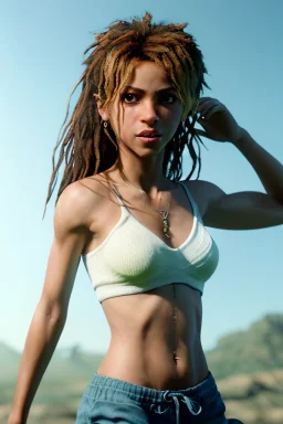 Shakira artist, Realistic image, natural waist up portrait, natural busty , perfect eyes, glow, circle iris. concept art, smooth, unreal engine 5, god lights, ray tracing, RTX, lumen lighting, ultra detail, volumetric lighting, 3d, finely drawn, high definition, 4k.