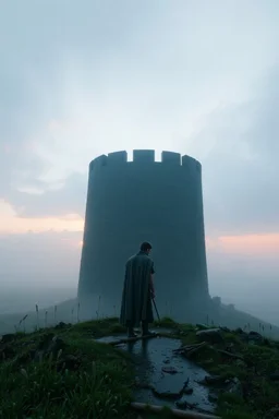 The prince standing at the base of the Needle(the prison tower), soaked and exhausted but alive, dawn breaking over the misty fields.
