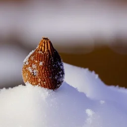 exquisite tiny acorn buried in snow, warm colors, soft lighting, snowdrift