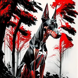 Doberman dog sitting, front view, full body, ink lineart red white black pointy ears trees, front view