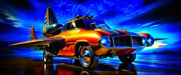 A national geographic award winning photograph of a military fighter jet station wagon wasp hybrid designed by volkswagen only one vehicle per image painted metallic orange traveling at a high rate of speed, jet intake off of front center of vehicle and jet exhaust out the rear with bright blue flame