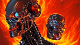 A face of a Terminator-style robot surrounded by flames reminiscent of hell