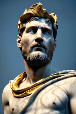 Realistic image, Roman sculpture made in marble with gold veins, Lionel messi, gold laurel leaves crown, waist up portrait,marble material, gold ornaments, Renaissance style, sun rays background, epic, celestial, cinematic lighting, God lights, 4k resolution, smooth details, soft lighting, unreal engine 5, art station, substance 3d.