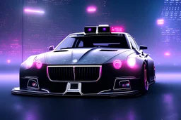 powerful concept antigrav car. smooth front grill. dark color fade theme. large engine protruding from the hood. big spoiler. extra detail with luminous engravings . neon big city with skyscrapers, light mist, jet engine.
