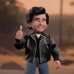 wide view young Fonz with black hair greaser figure doll 1975 (thumbs-up) (face) Forehead grin, fonzarelli, ((arnold's drive-in)) fonzie