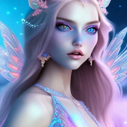  beautiful, soft, whide smile face,whole head,see full head, long blonde straight hair, blue eyes, fairy wings on the back, transparent crystal blue and pink clothes, background blue and pink, big definition, 8K