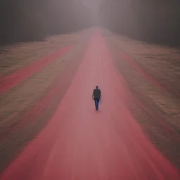 view of long road , man walking with blood hand , sun is blury